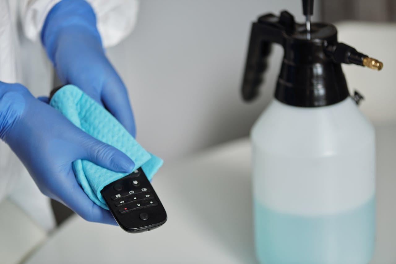 hero-img-02 Close-up of gloved hands disinfecting a remote control with a cloth and spray bottle.
